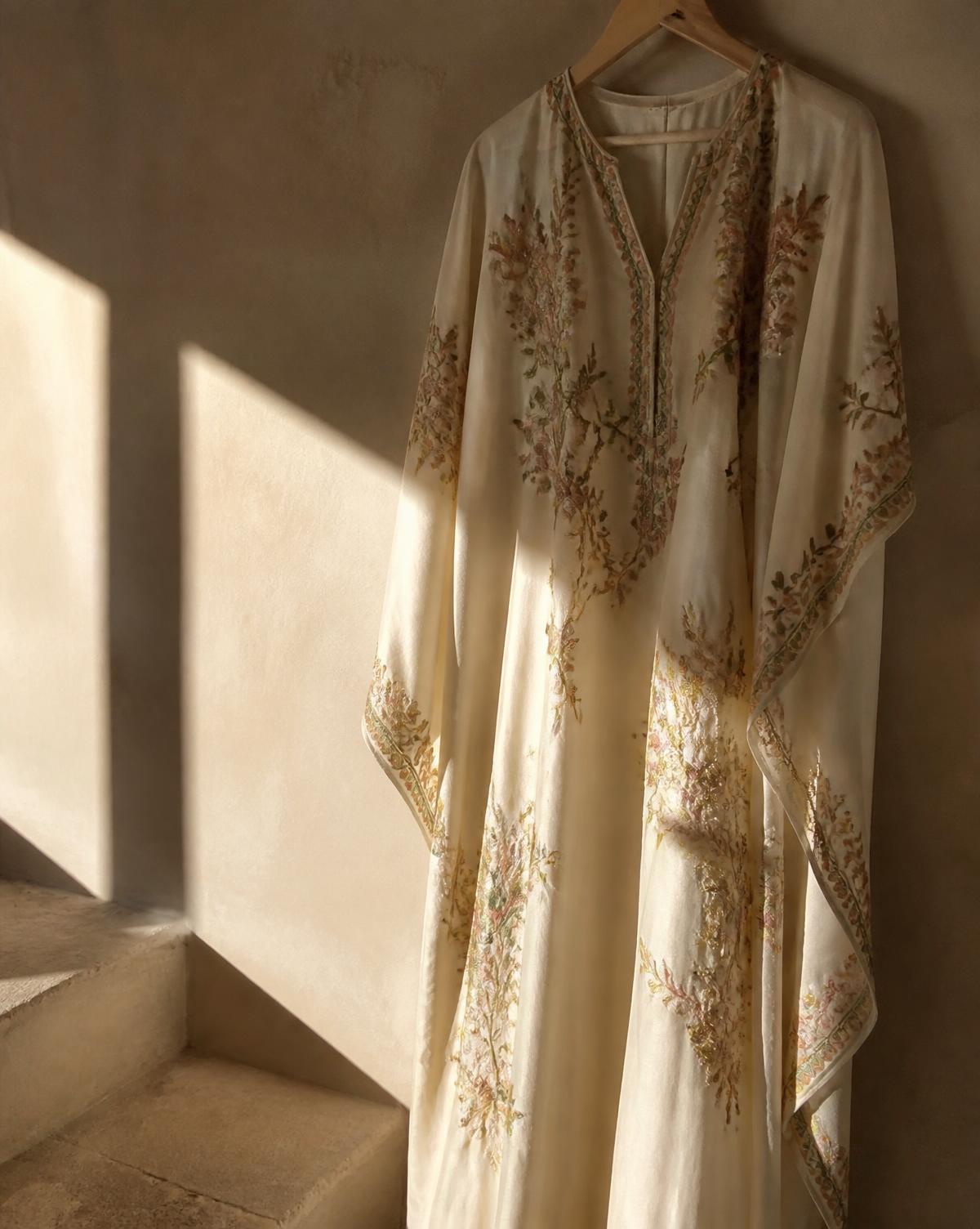 Caftan ivoire à broderie fleurie suspendu contre un mur écru, lumière naturelle d'atelier