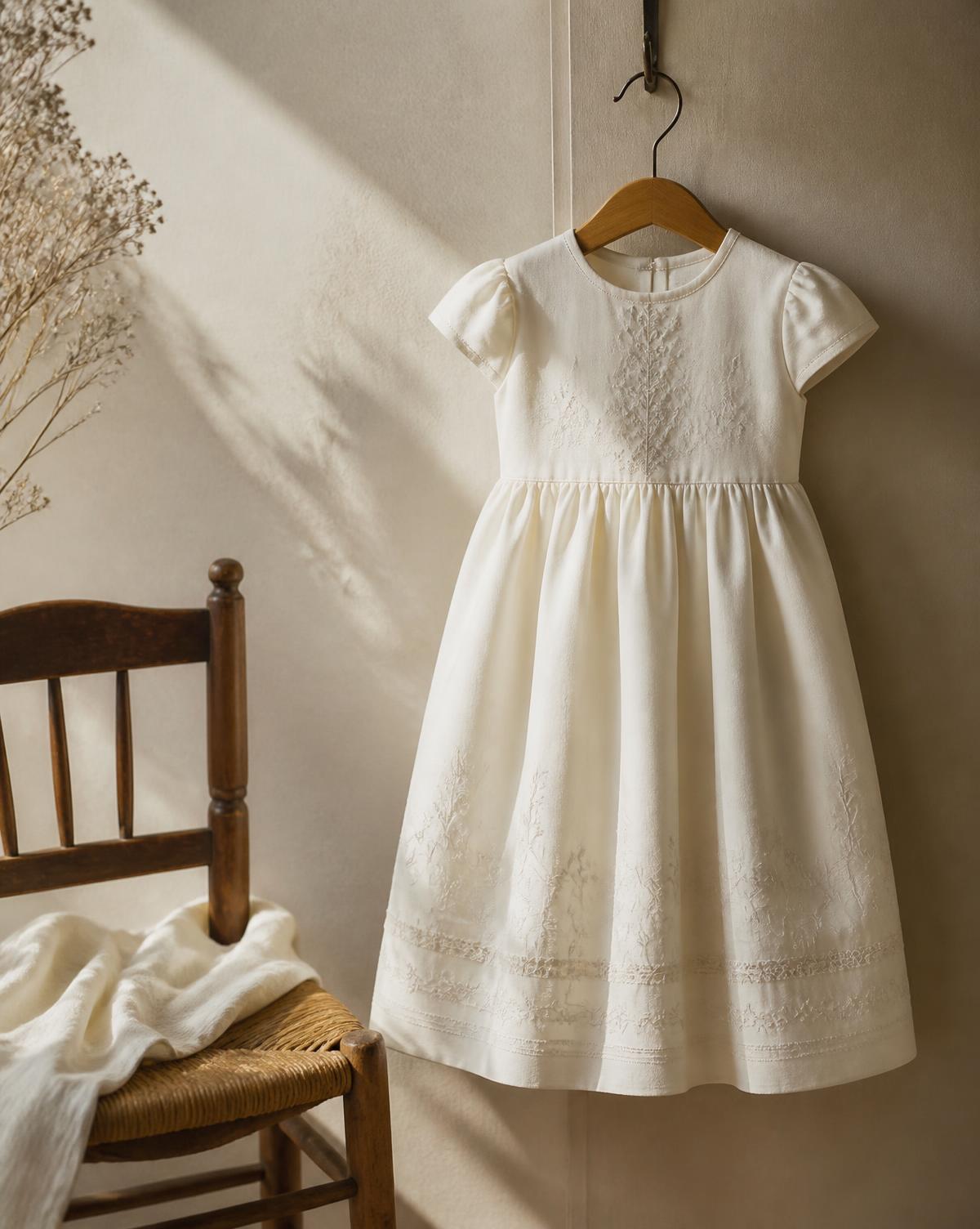 Robe de cérémonie pour enfant en ivoire brodé, suspendue dans l'atelier
