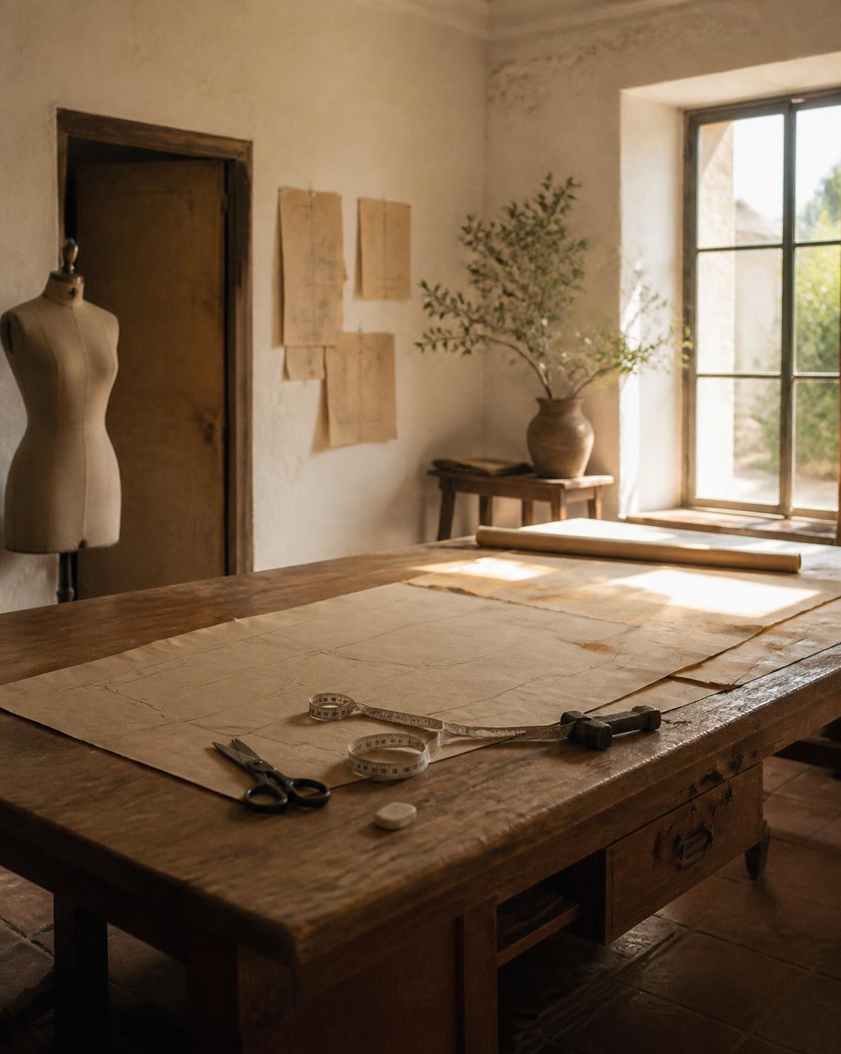 Table de coupe en bois avec papier à patron, ciseaux et mètre ruban dans un atelier