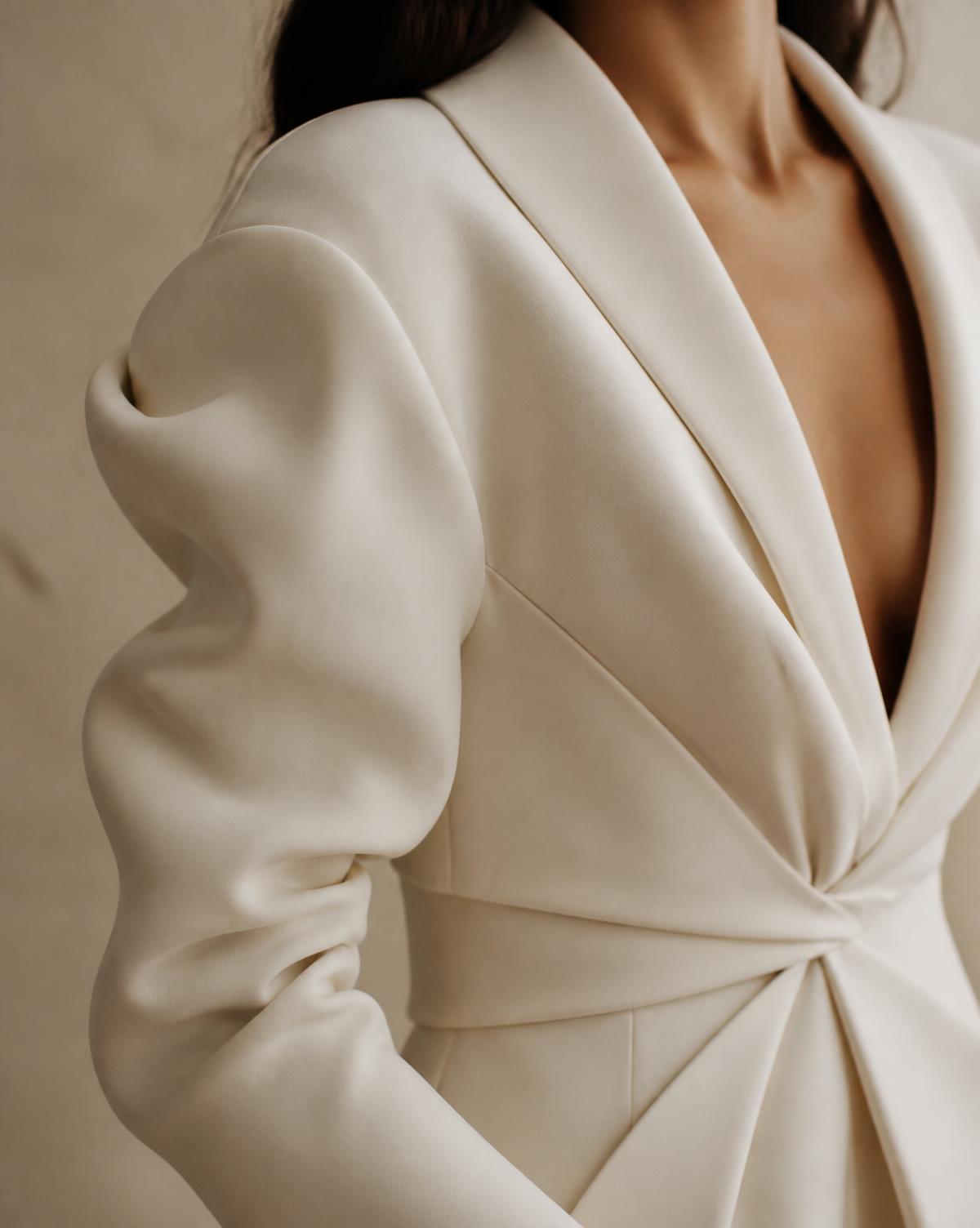 Détail d'une veste ivoire sculptée à l'épaule et au drapé